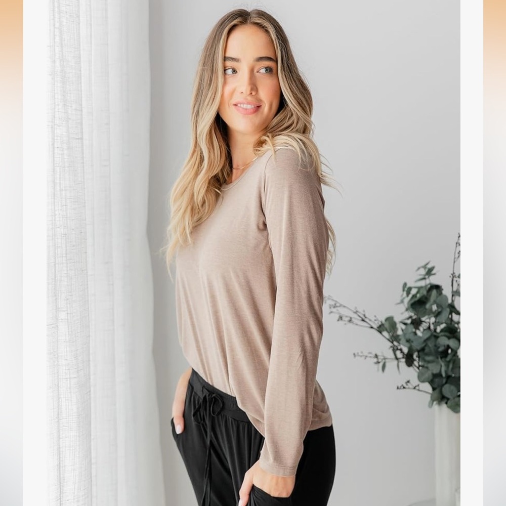 Kindred Bravely Long Sleeve Scoop Neck Maternity and Breastfeeding Top in Wheat